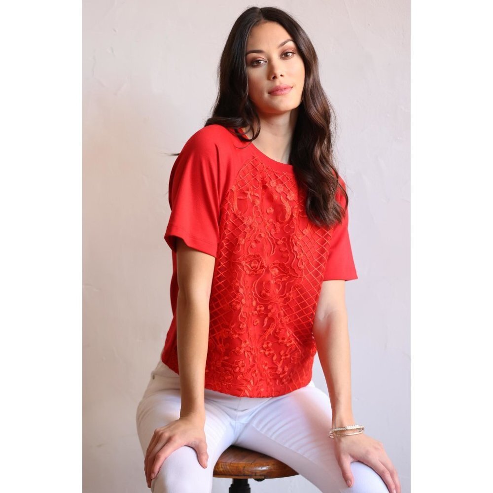Eva Franco Embroidered Red Kylee Short Sleeve Sweatshirt